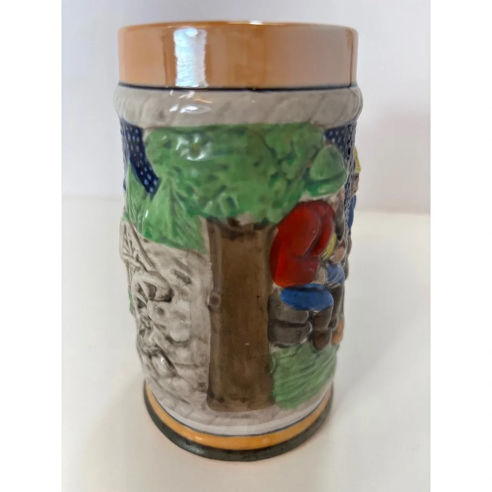 Vintage Hand Painted Ceramic Beer Stein Relief Scene Village Folk Art Mug 5.5in